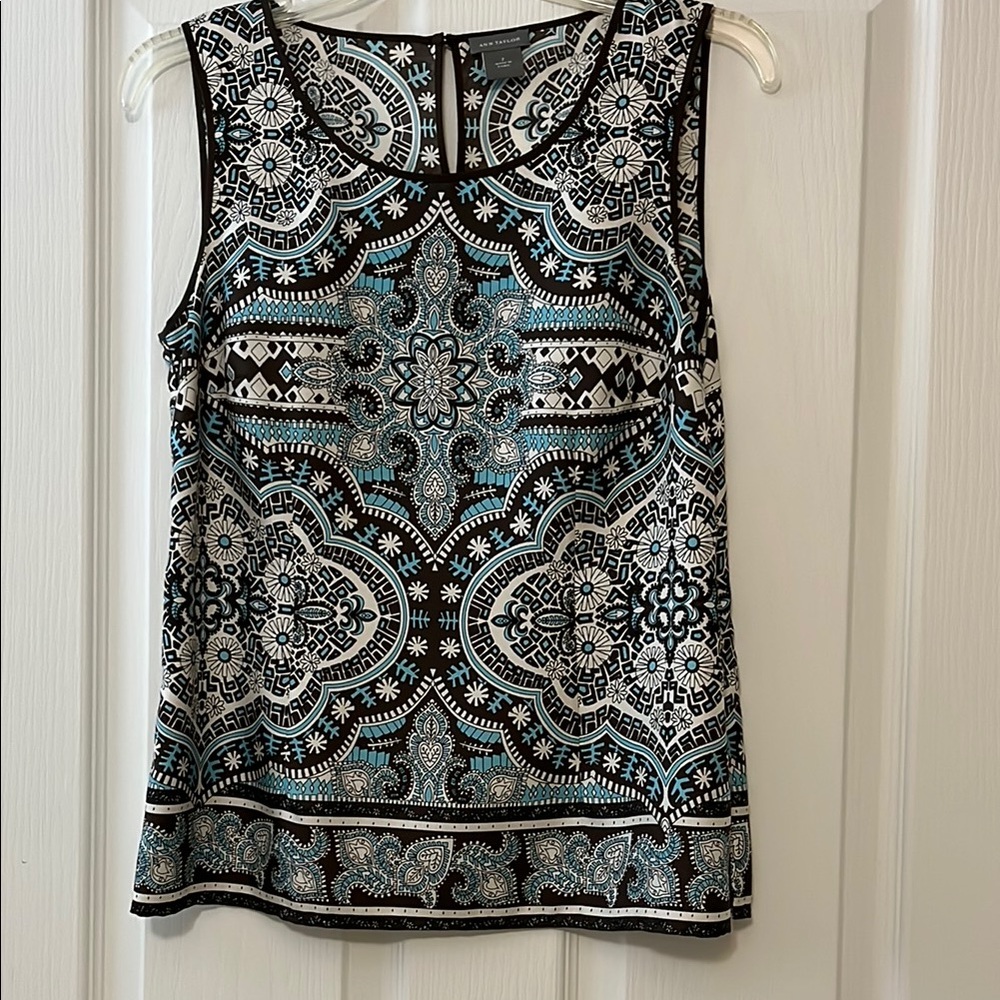 Ann Taylor Women's Brown, Blue & Cream Patterned Sleeveless Top